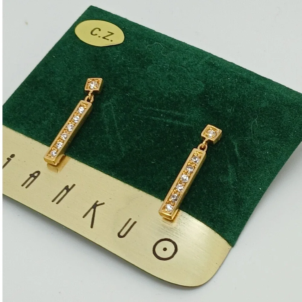 JANKUO Vintage 1990s Gold Tone Cubic Zirconia CZ Bar Drop Earrings Rare New - Picture 10 of 16